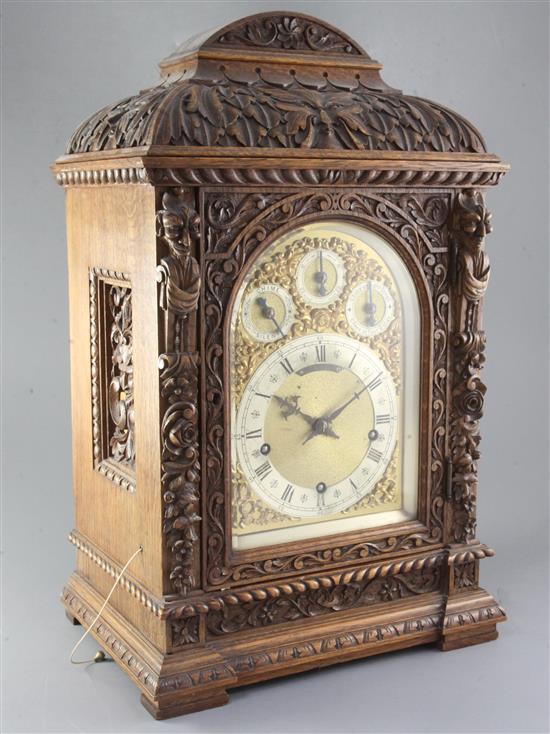 A late 19th century German quarter chiming bracket clock, Winterhalder and Hofmeier, clock 56.5cm., with bracket 87.5cm